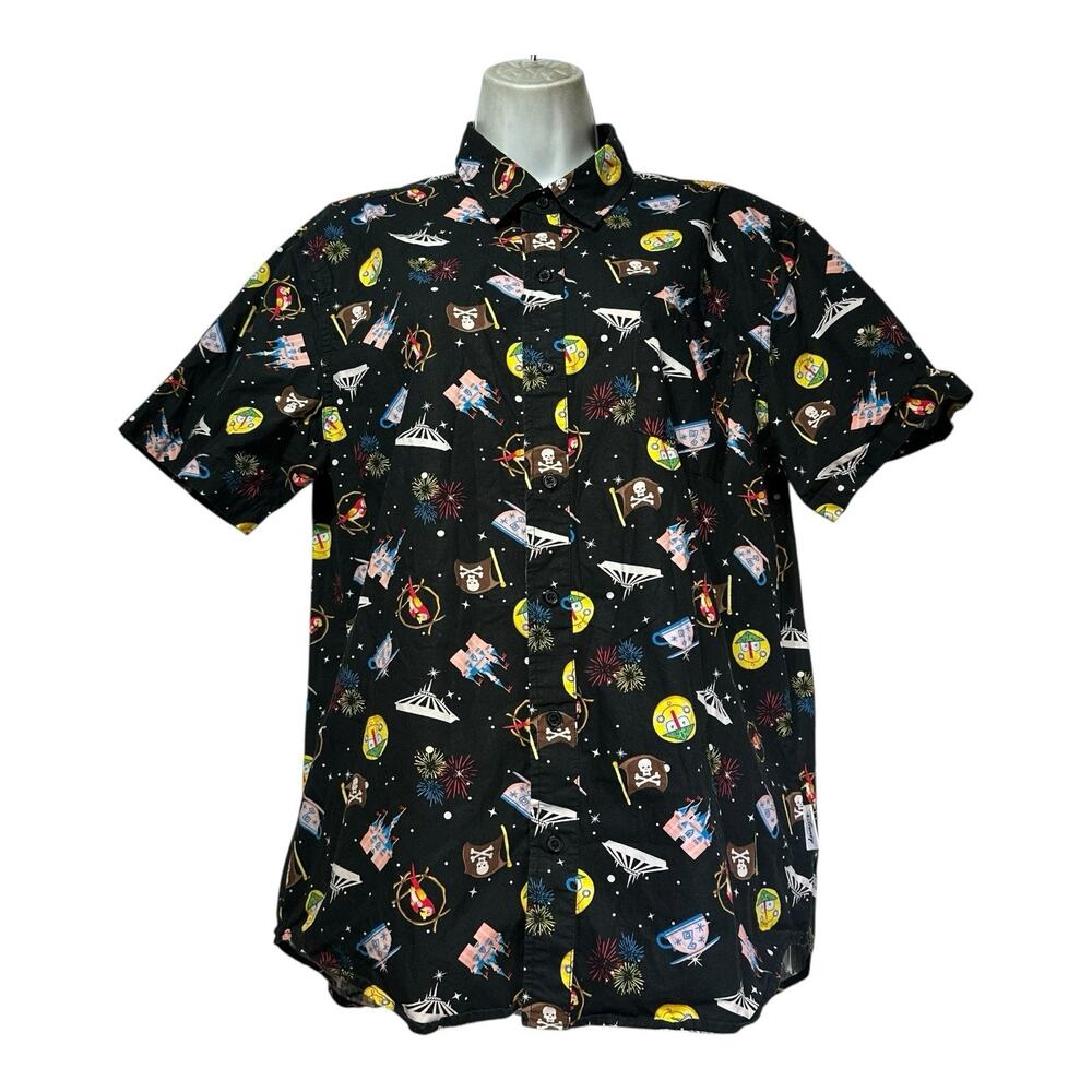Disney Her Universe Park Icons Black Button Down AOP Short Sleeve Shirt Size M